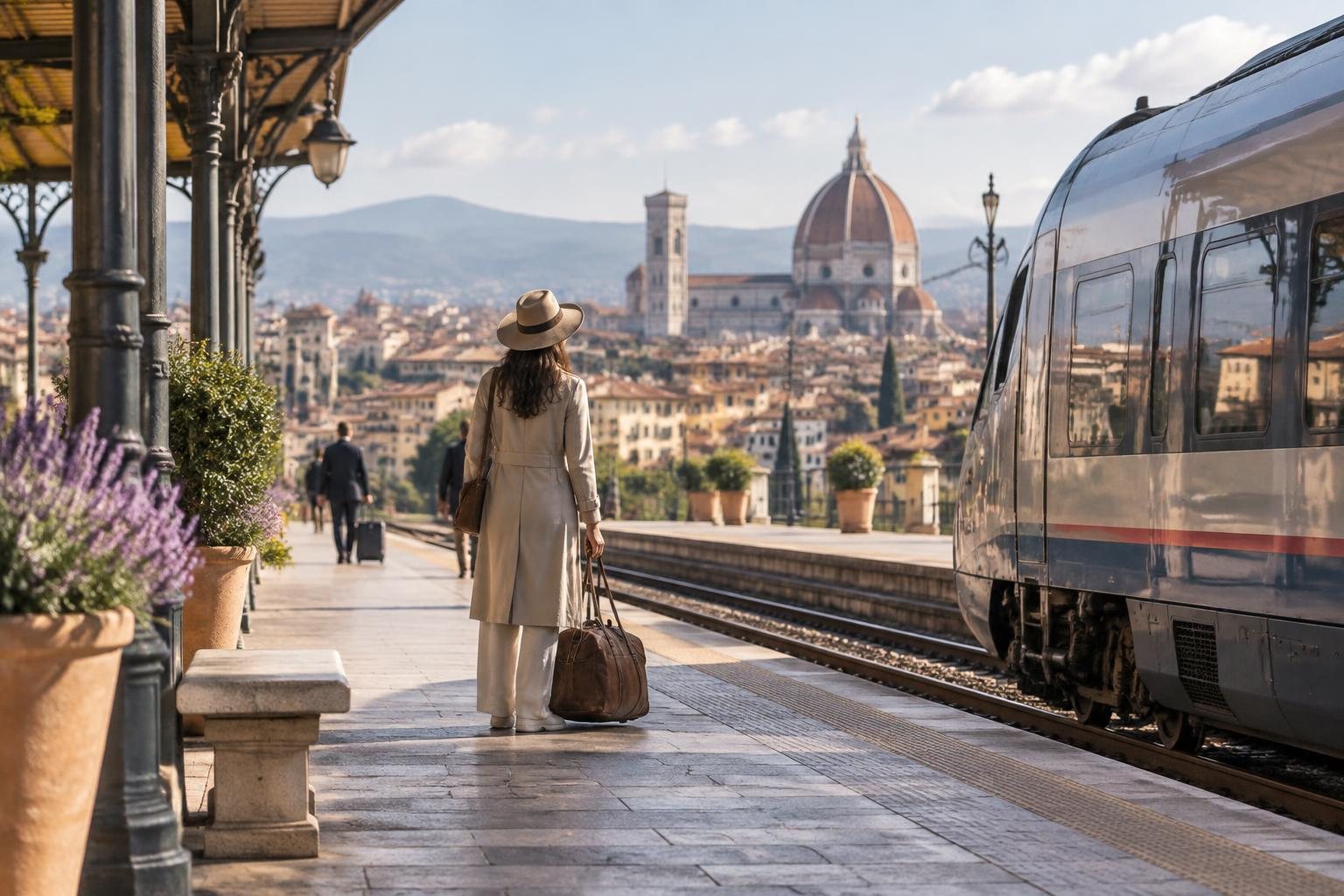 A traveller waiting beside a train with Florence in the distance