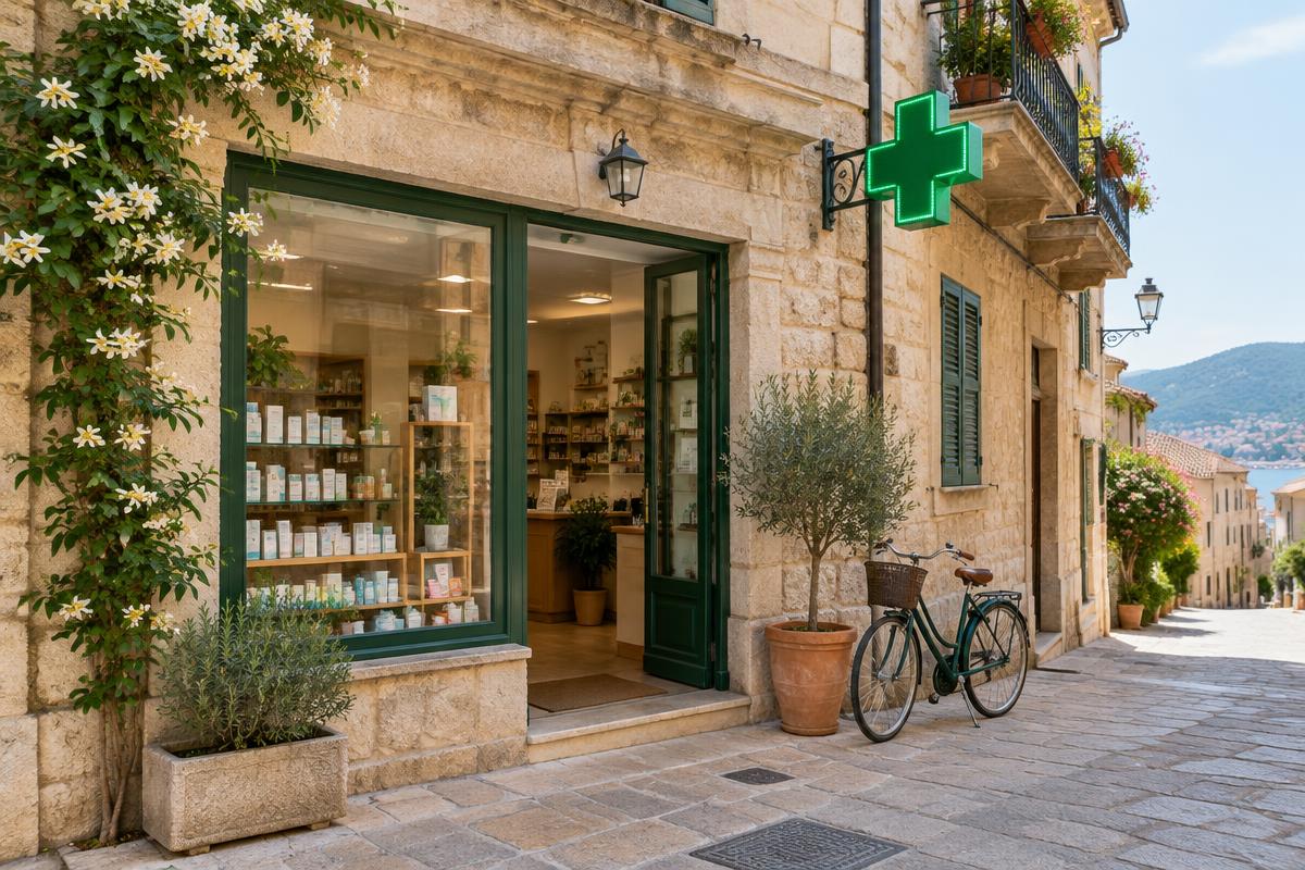 A neighborhood pharmacy on a quiet European street