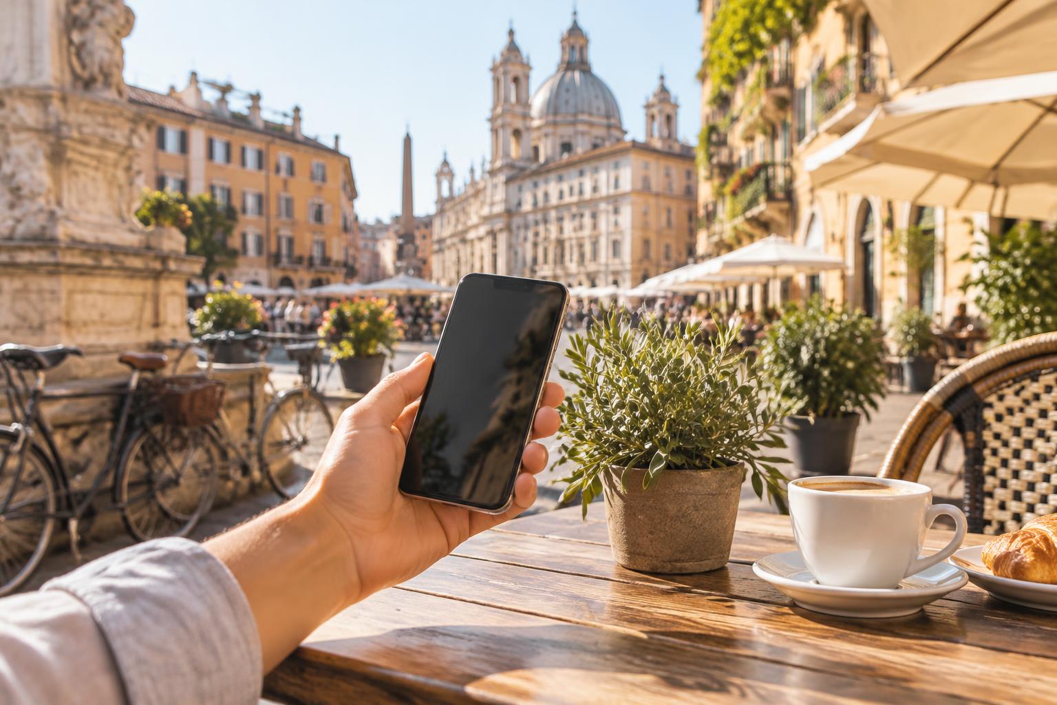 A hand holding a smartphone at a sunny European café terrace